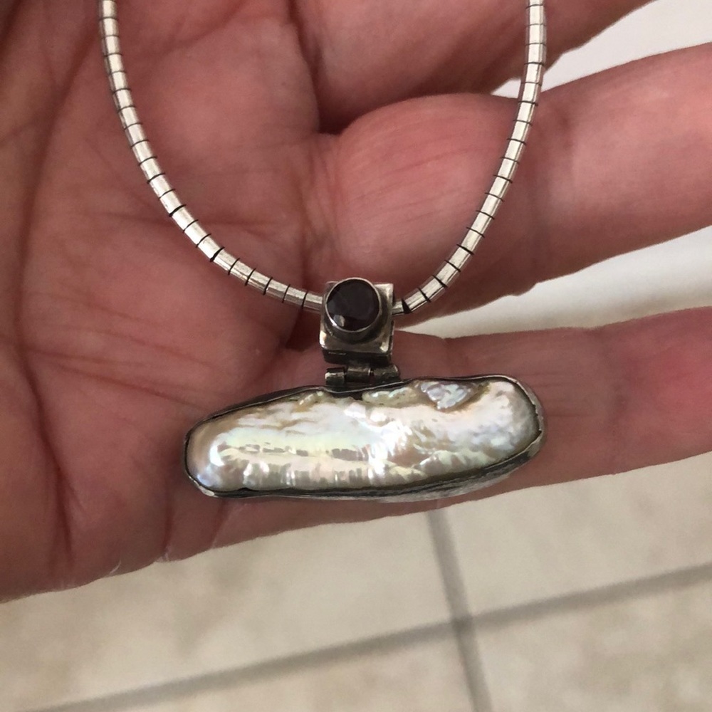 Sterling Keshia pearl garnet pendant on snake chain